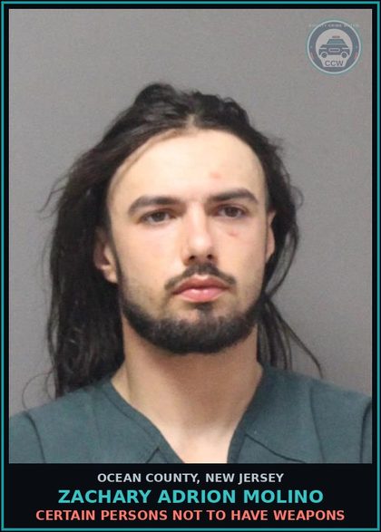 CCW arrest card for ZACHARY ADRION MOLINO in Ocean County: MFG/D/D HER/COKE>=.5OZ<5OZ 2ND
