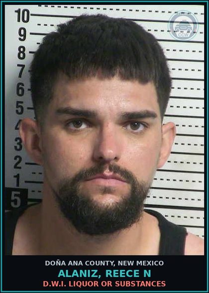 CCW arrest card for Alaniz, Reece N in Doña Ana County: D.W.I. Liquor or Drugs