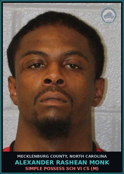 CCW arrest card for ALEXANDER RASHEAN MONK in Mecklenburg County: PWIMSD SCH II CS