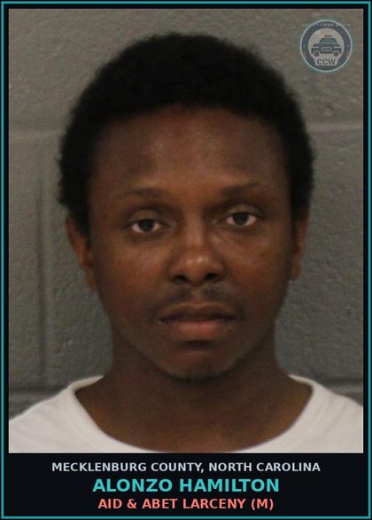 CCW arrest card for ALONZO HAMILTON in Mecklenburg County: AID & ABET LARCENY (M)
