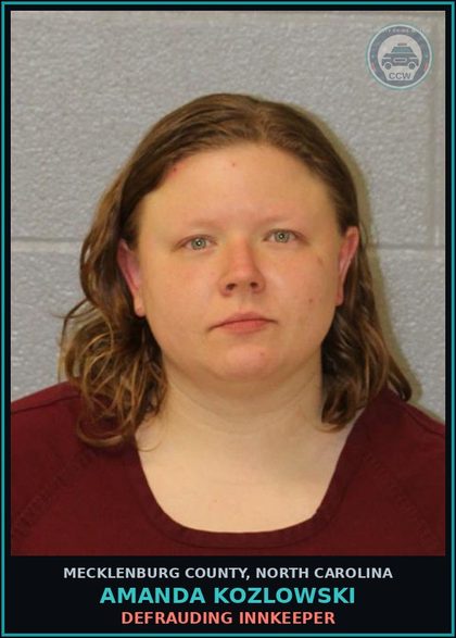 CCW arrest card for AMANDA KOZLOWSKI in Mecklenburg County: DEFRAUDING INNKEEPER