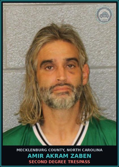 CCW arrest card for AMIR AKRAM ZABEN in Mecklenburg County: SECOND DEGREE TRESPASS