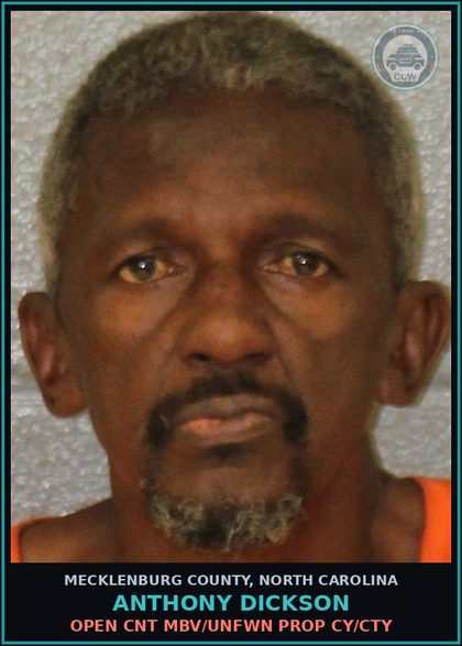 CCW arrest card for ANTHONY DICKSON in Mecklenburg County: OPEN CNT MBV/UNFWN PROP CY/CTY