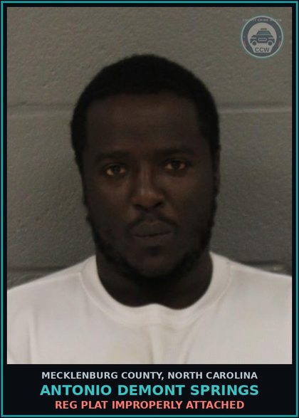 CCW arrest card for ANTONIO DEMONT SPRINGS in Mecklenburg County: REG PLAT IMPROPERLY ATTACHED