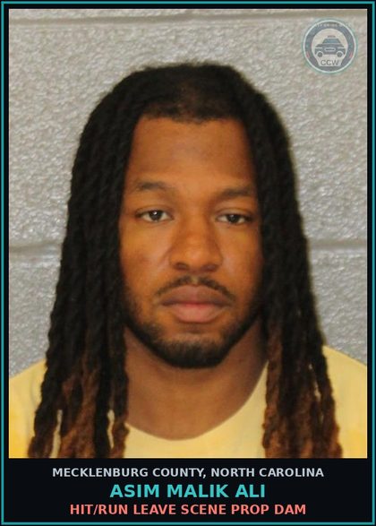 CCW arrest card for ASIM MALIK ALI in Mecklenburg County: HIT/RUN LEAVE SCENE PROP DAM