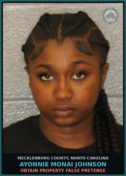 CCW arrest card for AYONNIE MONAI JOHNSON in Mecklenburg County: OBTAIN PROPERTY FALSE PRETENSE