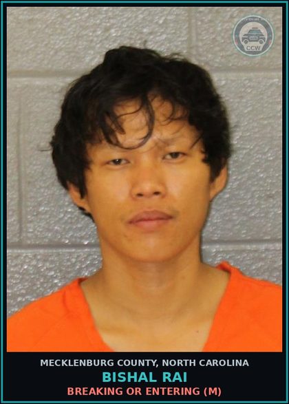 CCW arrest card for BISHAL RAI in Mecklenburg County: BREAKING OR ENTERING (M)