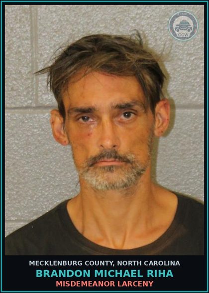 CCW arrest card for BRANDON MICHAEL RIHA in Mecklenburg County: MISDEMEANOR LARCENY