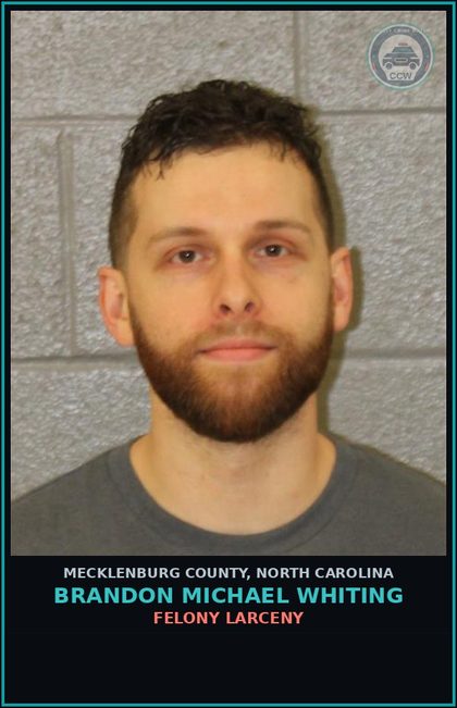 CCW arrest card for BRANDON MICHAEL WHITING in Mecklenburg County: FELONY LARCENY