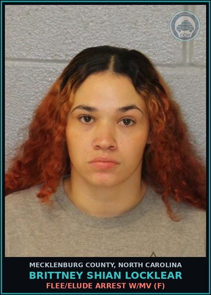 CCW arrest card for BRITTNEY SHIAN LOCKLEAR in Mecklenburg County: FLEE/ELUDE ARREST W/MV (F)