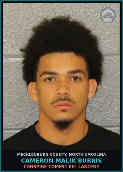 CCW arrest card for CAMERON MALIK BURRIS in Mecklenburg County: BREAK/ENTER MOTOR VEH