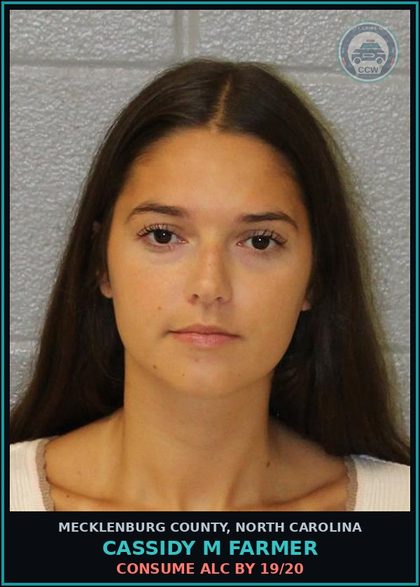 CCW arrest card for CASSIDY M FARMER in Mecklenburg County: CONSUME ALC BY 19/20