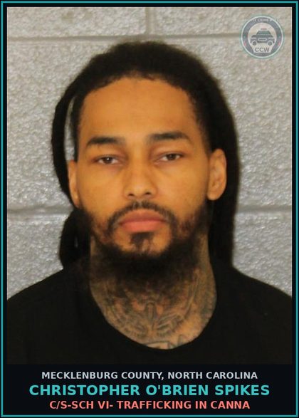 CCW arrest card for CHRISTOPHER O'BRIEN SPIKES in Mecklenburg County: C/S-SCH VI- P/W/I/M/S/D Canna
