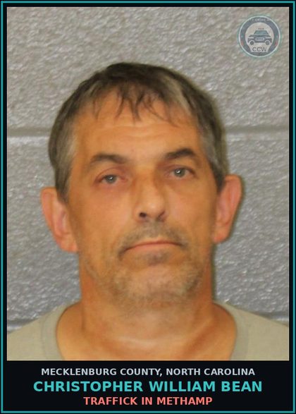 CCW arrest card for CHRISTOPHER WILLIAM BEAN in Mecklenburg County: TRAFFICK IN Methamp