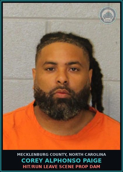 CCW arrest card for COREY ALPHONSO PAIGE in Mecklenburg County: HIT/RUN LEAVE SCENE PROP DAM