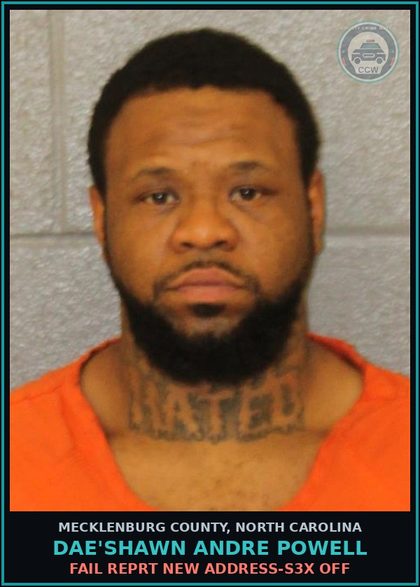 CCW arrest card for DAE'SHAWN ANDRE POWELL in Mecklenburg County: FAIL REPRT NEW ADDRESS-s3x OFF