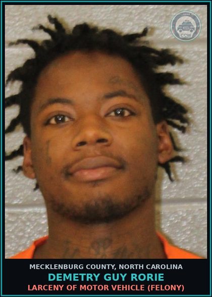 CCW arrest card for DEMETRY GUY RORIE in Mecklenburg County: LARCENY OF MOTOR VEHICLE (FELONY)
