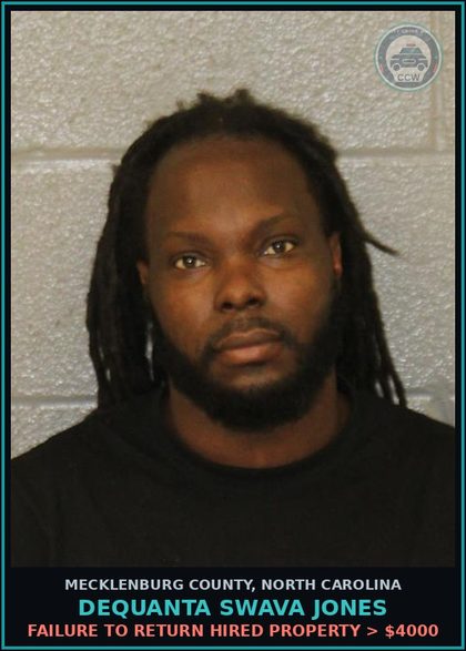 CCW arrest card for DEQUANTA SWAVA JONES in Mecklenburg County: FAILURE TO RETURN HIRED PROPERTY > $4000