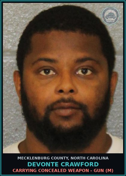 CCW arrest card for DEVONTE CRAWFORD in Mecklenburg County: GUN ETC ON EDUC PROP