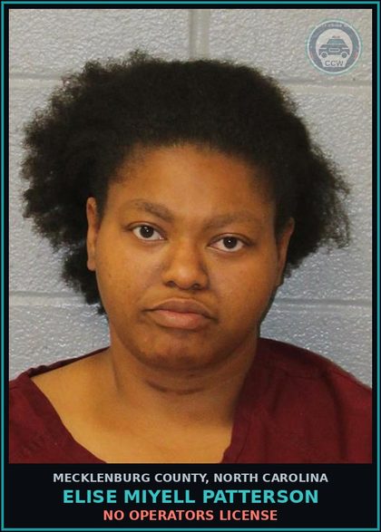 CCW arrest card for ELISE MIYELL PATTERSON in Mecklenburg County: NO OPERATORS LICENSE