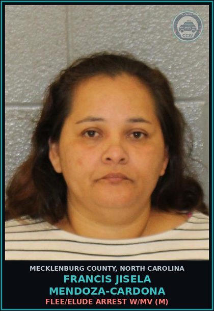 CCW arrest card for FRANCIS JISELA MENDOZA-CARDONA in Mecklenburg County: FLEE/ELUDE ARREST W/MV (M)
