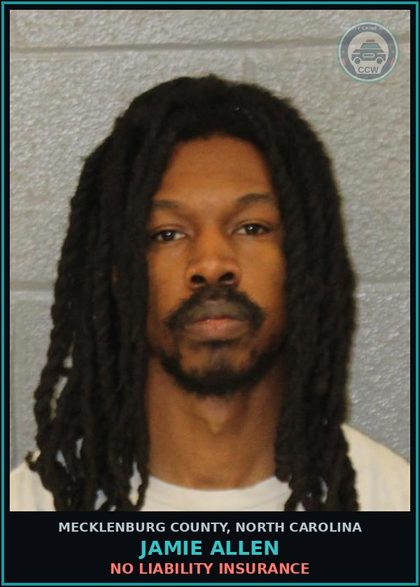 CCW arrest card for JAMIE ALLEN in Mecklenburg County: NO LIABILITY INSURANCE