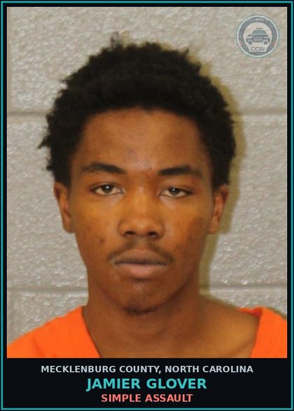 CCW arrest card for JAMIER GLOVER in Mecklenburg County: SIMPLE ASSAULT