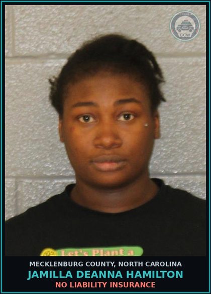 CCW arrest card for JAMILLA DEANNA HAMILTON in Mecklenburg County: NO LIABILITY INSURANCE