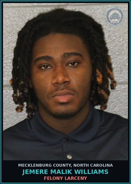 CCW arrest card for JEMERE MALIK WILLIAMS in Mecklenburg County: OBTAIN PROPERTY FALSE PRETENSE