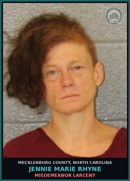 CCW arrest card for JENNIE MARIE RHYNE in Mecklenburg County: BREAKING OR ENTERING (M)