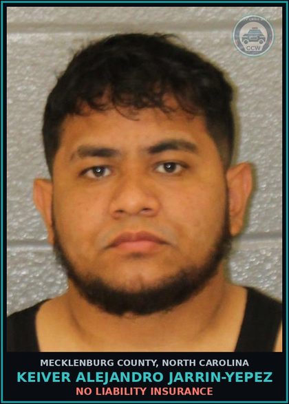 CCW arrest card for KEIVER ALEJANDRO JARRIN-YEPEZ in Mecklenburg County: NO LIABILITY INSURANCE