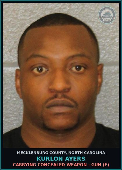 CCW arrest card for KURLON AYERS in Mecklenburg County: CARRYING CONCEALED WEAPON - GUN (F)