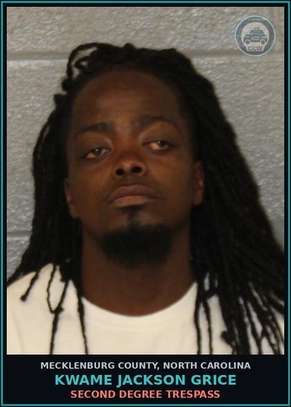 CCW arrest card for KWAME JACKSON GRICE in Mecklenburg County: SECOND DEGREE TRESPASS