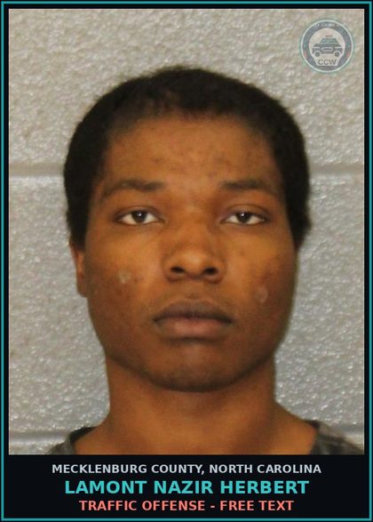 CCW arrest card for LAMONT NAZIR HERBERT in Mecklenburg County: TRAFFIC OFFENSE - FREE TEXT