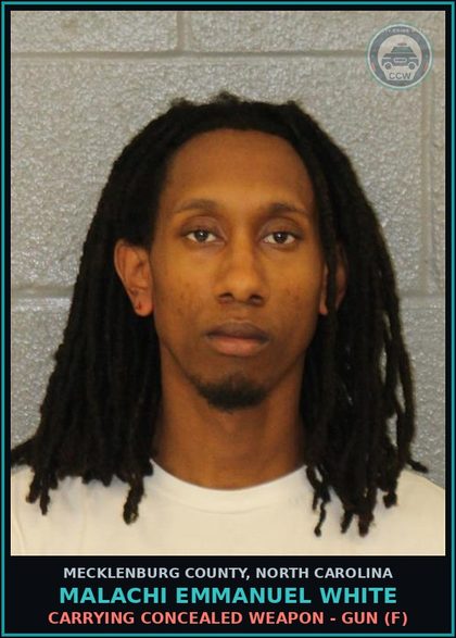 CCW arrest card for MALACHI EMMANUEL WHITE in Mecklenburg County: CARRYING CONCEALED WEAPON - GUN (F)