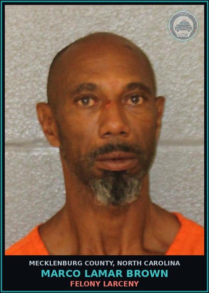 CCW arrest card for MARCO LAMAR BROWN in Mecklenburg County: BREAK OR ENTER A MOTOR VEHICLE