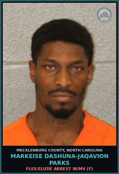 CCW arrest card for MARKEISE DASHUNA-JAQAVION PARKS in Mecklenburg County: FLEE/ELUDE ARREST W/MV (F)