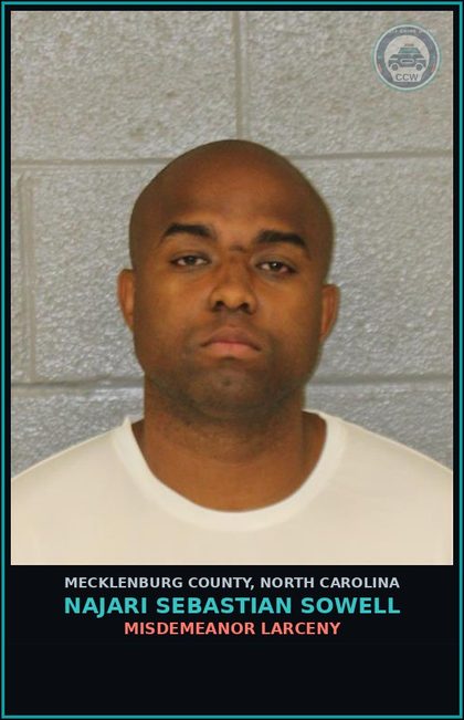CCW arrest card for NAJARI SEBASTIAN SOWELL in Mecklenburg County: MISDEMEANOR LARCENY