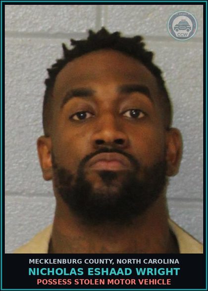 CCW arrest card for NICHOLAS ESHAAD WRIGHT in Mecklenburg County: POSSESS STOLEN MOTOR VEHICLE