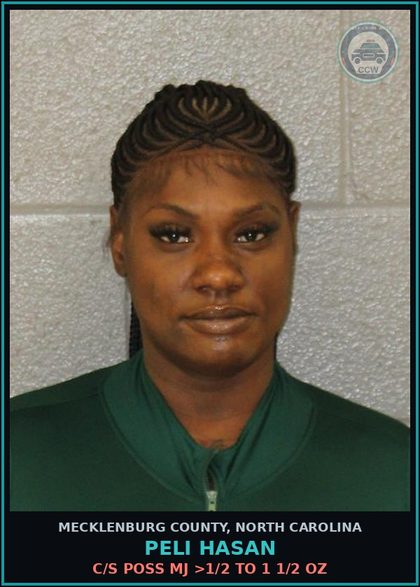 CCW arrest card for PELI HASAN in Mecklenburg County: C/S POSS MJ >1/2 TO 1 1/2 OZ