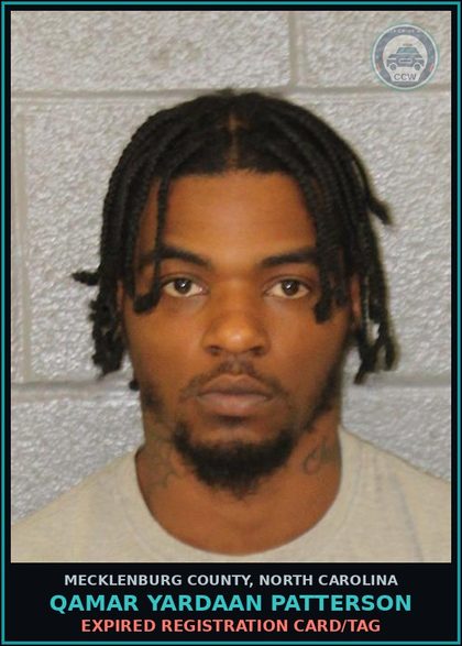 CCW arrest card for QAMAR YARDAAN PATTERSON in Mecklenburg County: EXPIRED REGISTRATION CARD/TAG