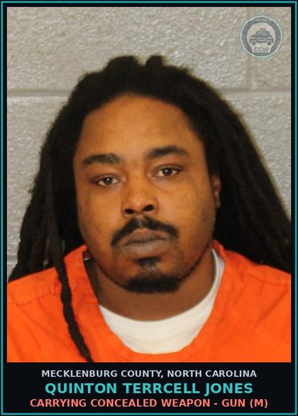 CCW arrest card for QUINTON TERRCELL JONES in Mecklenburg County: CARRYING CONCEALED WEAPON - GUN (M)