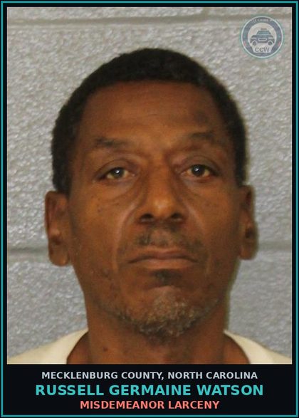 CCW arrest card for RUSSELL GERMAINE WATSON in Mecklenburg County: MISDEMEANOR LARCENY
