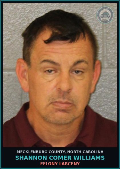 CCW arrest card for SHANNON COMER WILLIAMS in Mecklenburg County: INJ PROP OBT NONFERR METAL-F