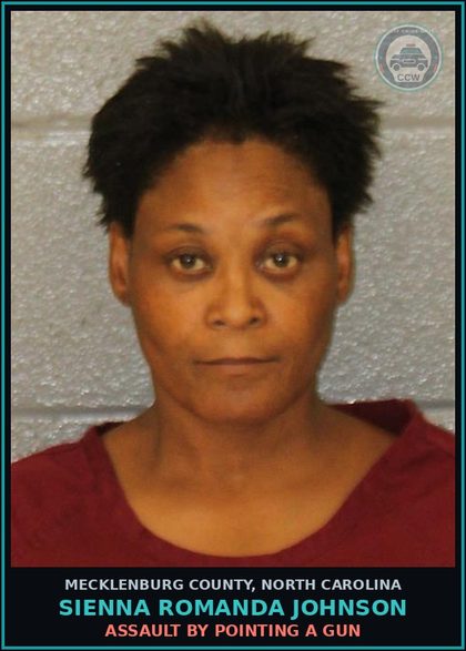 CCW arrest card for SIENNA ROMANDA JOHNSON in Mecklenburg County: ASSAULT BY POINTING A GUN