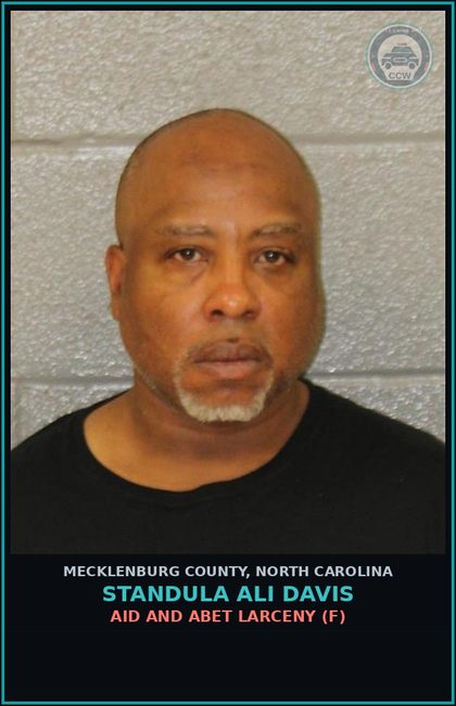 CCW arrest card for STANDULA ALI DAVIS in Mecklenburg County: AID AND ABET LARCENY (F)