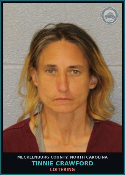 CCW arrest card for TINNIE CRAWFORD in Mecklenburg County: LOITERING