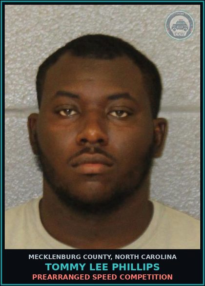 CCW arrest card for TOMMY LEE PHILLIPS in Mecklenburg County: PREARRANGED SPEED COMPETITION