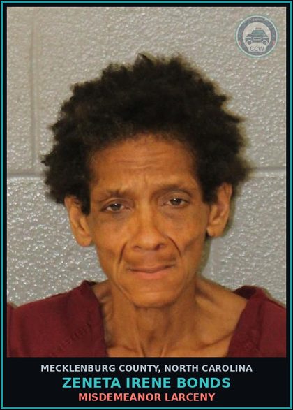 CCW arrest card for ZENETA IRENE BONDS in Mecklenburg County: MISDEMEANOR LARCENY