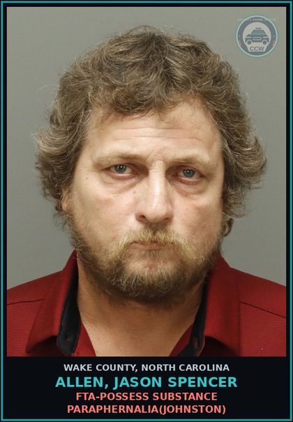 CCW arrest card for Allen, Jason Spencer in Wake County: FTA-POSSESS DRUG PARAPHERNALIA(JOHNSTON)